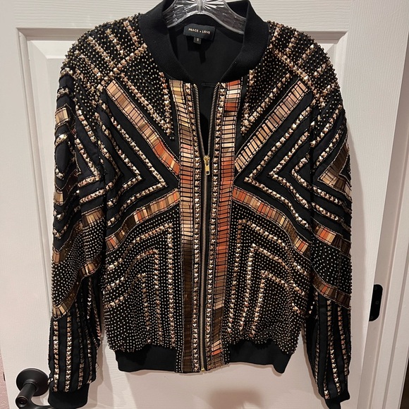 Peace & Love Black and Gold Sequins Bomber Jacket - Picture 3 of 7